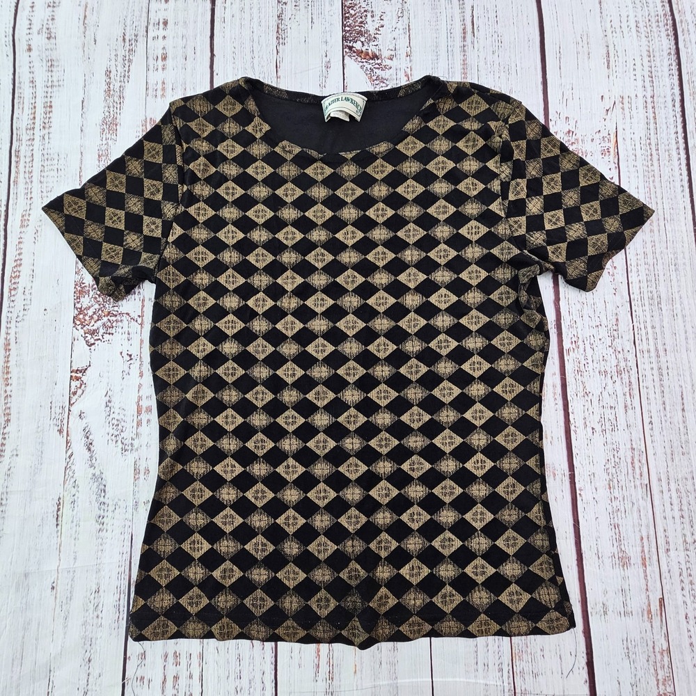 Vintage Frazier Lawrence Black Gold Diamond Print Short Sleeve Blouse Small